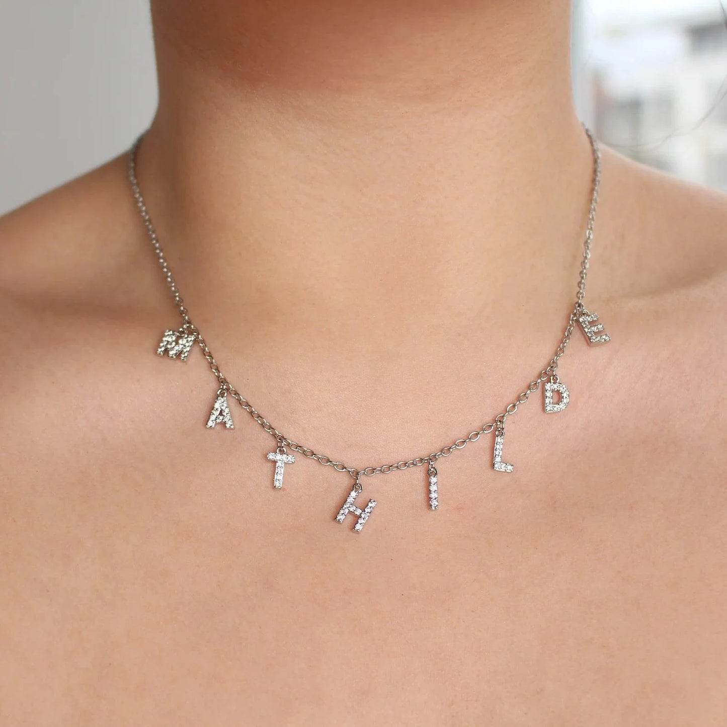 Collier avec strass en argent à personnaliser avec vos initiales