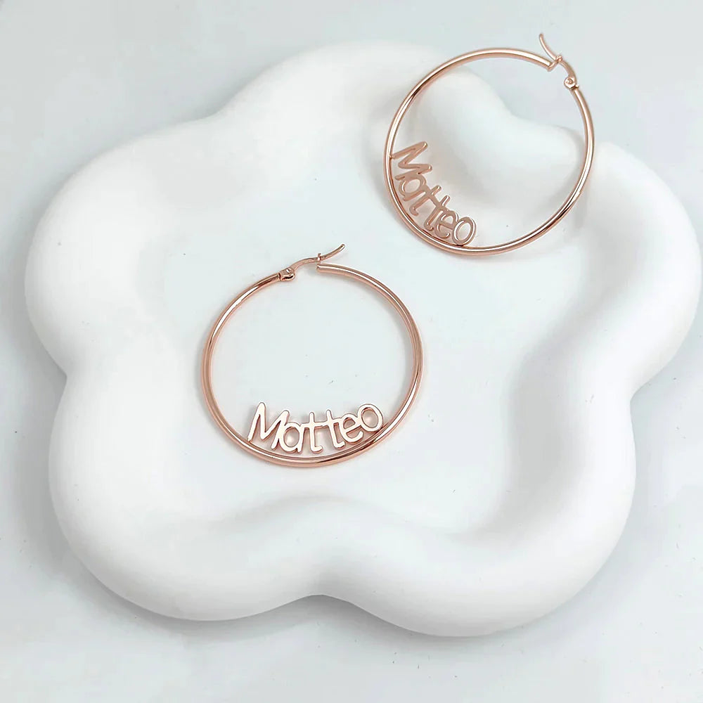 boucles d'oreilles créoles à personnaliser avec prénom acier inoxydable plaqué or argent sterling plaqué or rose