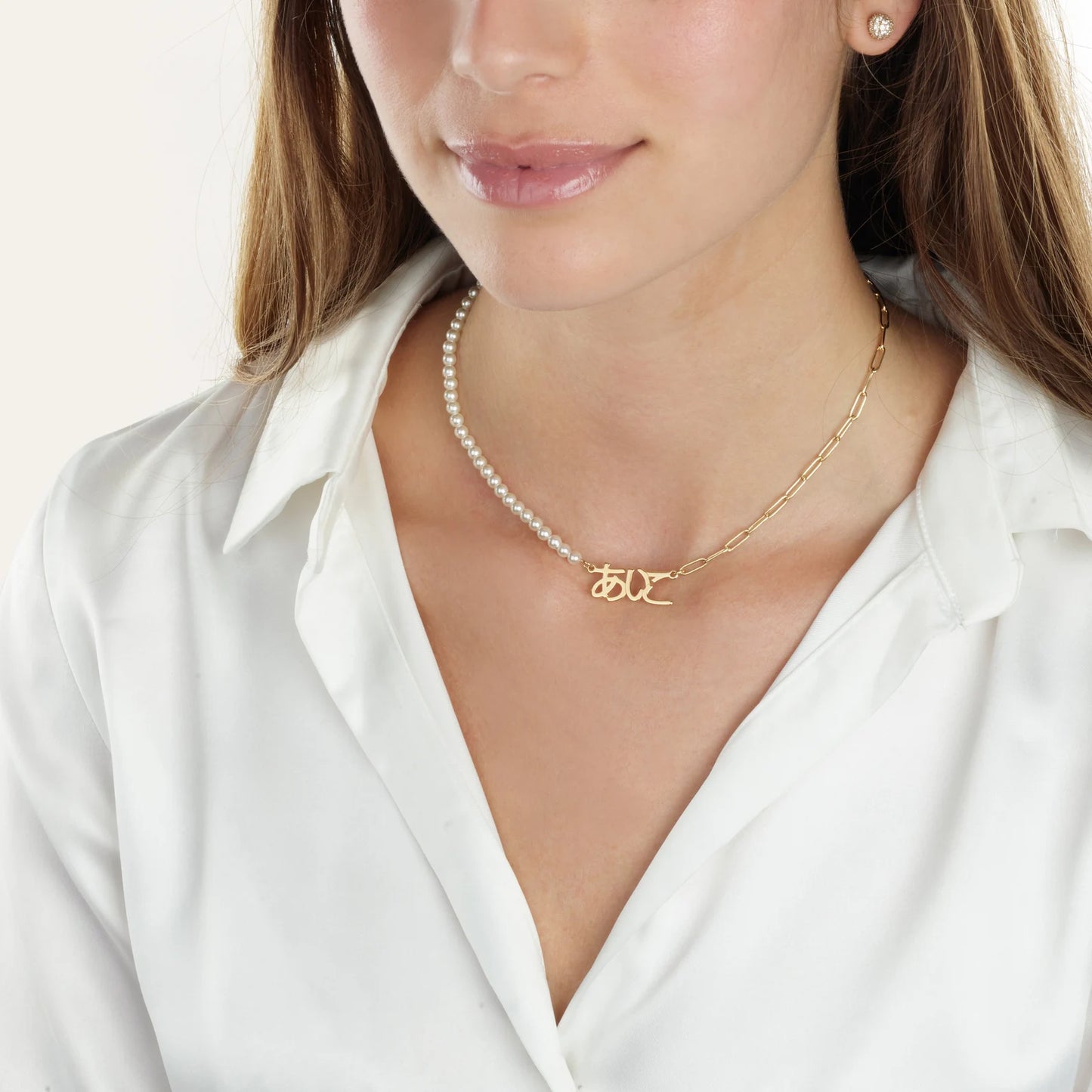 Japanese Personalized Necklace - Paperclip and Pearl